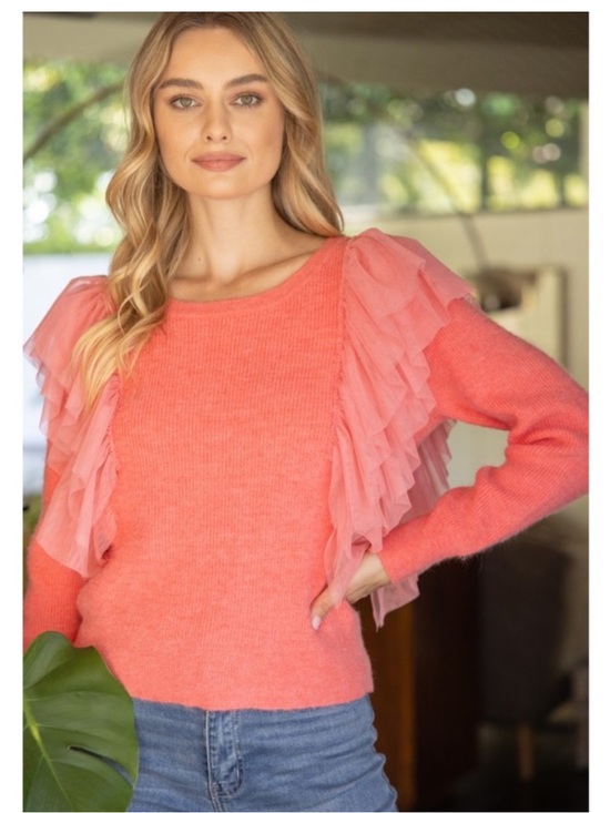 Voy Sweaters - 'Voy- The Charlotte' Coral Layered Ruffle Sweater XS .will fit a small roomy